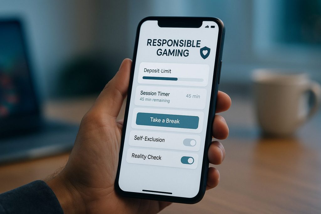 Hand holding a smartphone showing a “Responsible Gaming” dashboard with deposit limit, session timer, “Take a Break” button and self-exclusion toggles in a blurred home workspace.