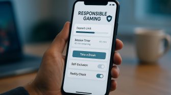 Hand holding a smartphone showing a “Responsible Gaming” dashboard with deposit limit, session timer, “Take a Break” button and self-exclusion toggles in a blurred home workspace.
