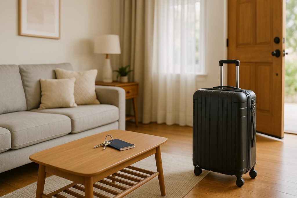 A tidy, modern living room with a grey sofa and wooden coffee table holding keys and a passport, while a black wheeled suitcase stands by an open wooden front door, suggesting someone about to leave for a trip.