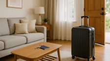 A tidy, modern living room with a grey sofa and wooden coffee table holding keys and a passport, while a black wheeled suitcase stands by an open wooden front door, suggesting someone about to leave for a trip.