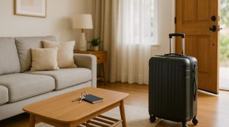 A tidy, modern living room with a grey sofa and wooden coffee table holding keys and a passport, while a black wheeled suitcase stands by an open wooden front door, suggesting someone about to leave for a trip.