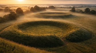 Sunrise over the Thornborough Henges in North Yorkshire, an ancient Neolithic site linked to Celtic mythology, surrounded by misty countryside and rolling fields.