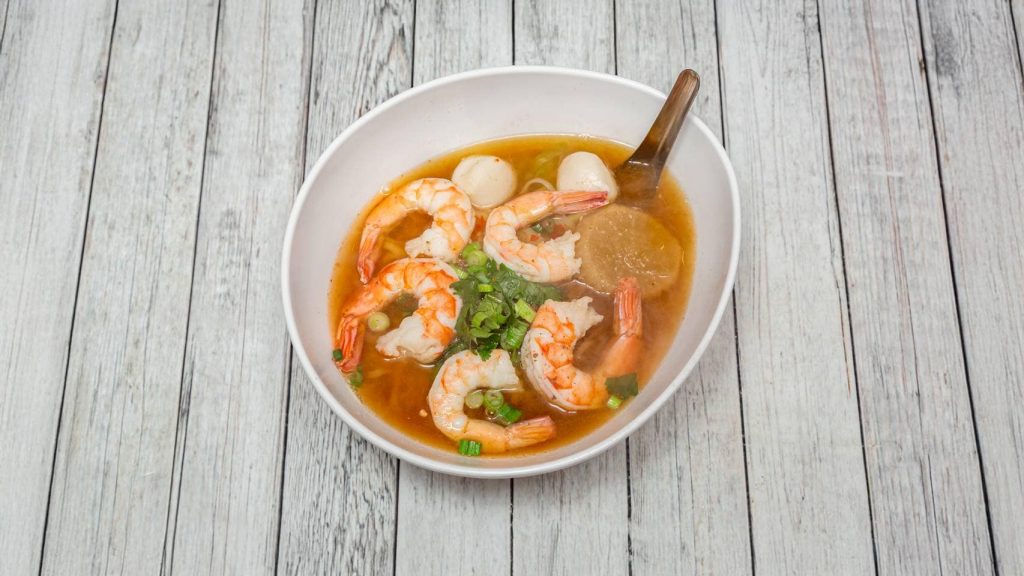 Authentic Thai prawn soup with shrimp and fish balls served at Rabbie’s Thai
