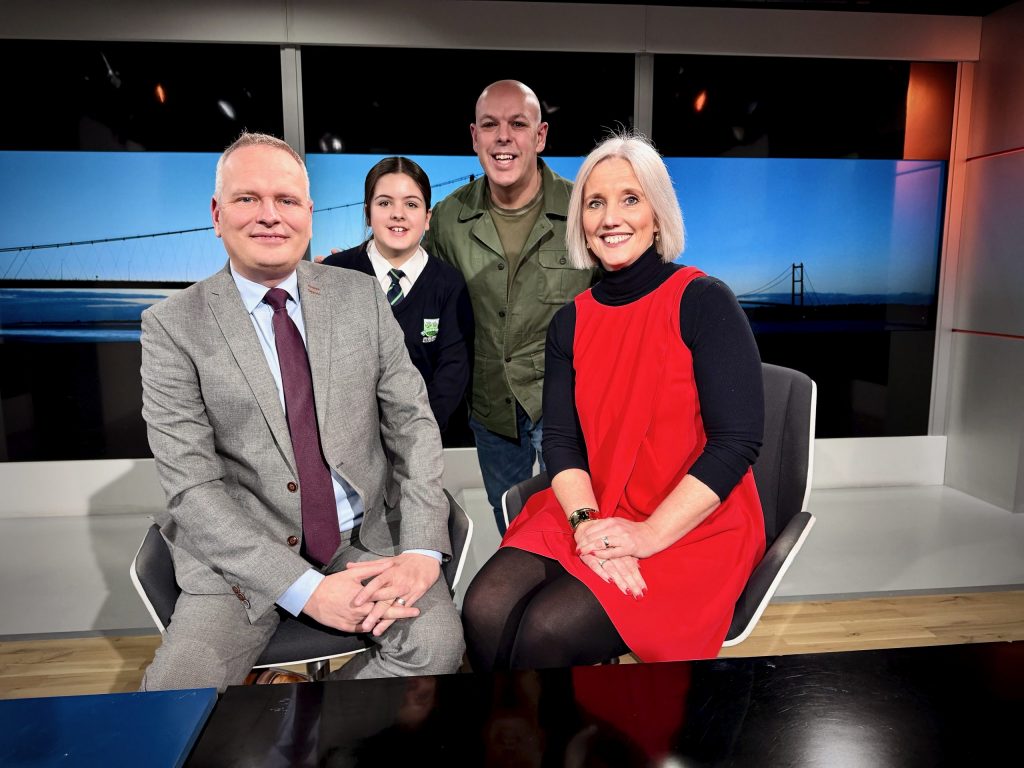Chris Blackburn, World Yorkshire Pudding Champion, standing in the ITV Calendar studio with two presenters and a young guest following a live broadcast ahead of National Yorkshire Pudding Day 2026.