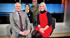 Chris Blackburn, World Yorkshire Pudding Champion, standing in the ITV Calendar studio with two presenters and a young guest following a live broadcast ahead of National Yorkshire Pudding Day 2026.