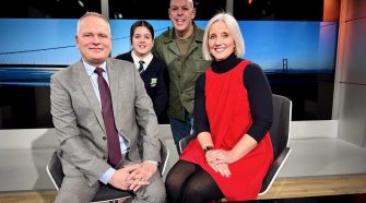Chris Blackburn, World Yorkshire Pudding Champion, standing in the ITV Calendar studio with two presenters and a young guest following a live broadcast ahead of National Yorkshire Pudding Day 2026.