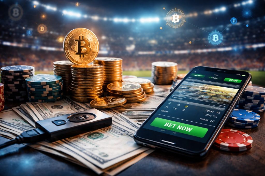 Professional, high-end photograph of a smartphone displaying live sports betting odds surrounded by stacked coins and digital currency symbols inside a floodlit stadium, representing cryptocurrency-powered sports betting in 2026.