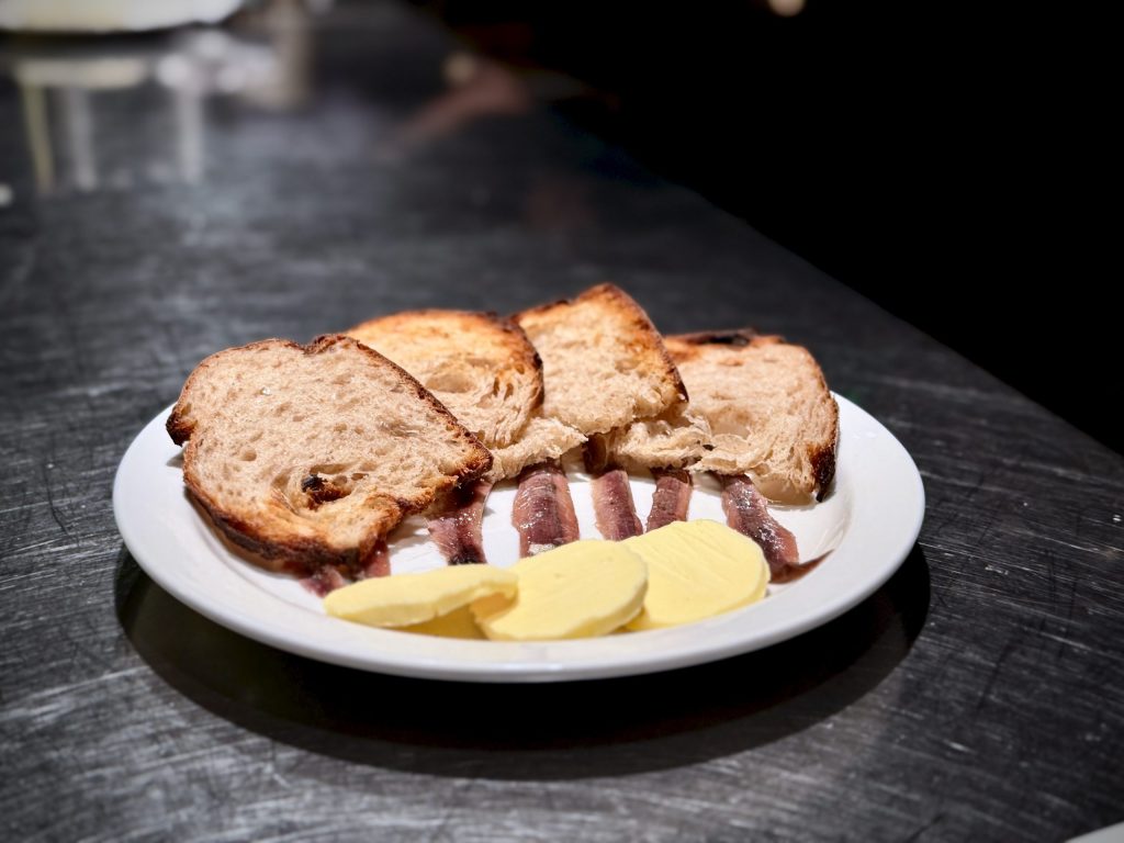 Olasagasti anchovies served with thick slices of toasted sourdough bread and salted butter at Padella Shoreditch
