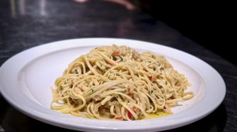 Fresh tagliarini pasta with Dorset crab, chilli and lemon served hot at Padella Shoreditch