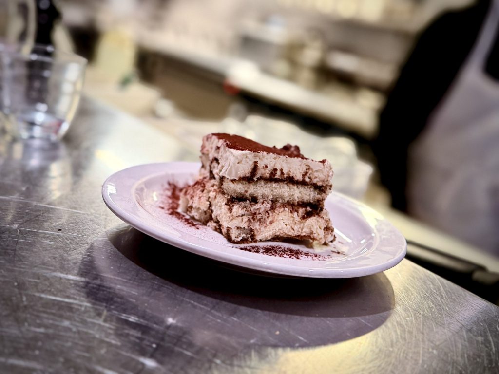 Classic Italian tiramisu with layers of coffee-soaked sponge and mascarpone at Padella Shoreditch
