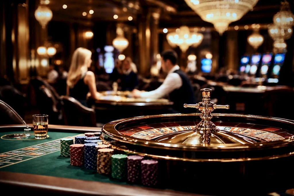 Luxury casino interior featuring a polished roulette wheel in the foreground with stacked poker chips and a glass of whisky on green felt, softly lit by warm chandeliers, with elegantly dressed guests and gaming tables blurred in the background.