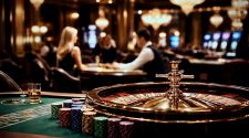Luxury casino interior featuring a polished roulette wheel in the foreground with stacked poker chips and a glass of whisky on green felt, softly lit by warm chandeliers, with elegantly dressed guests and gaming tables blurred in the background.