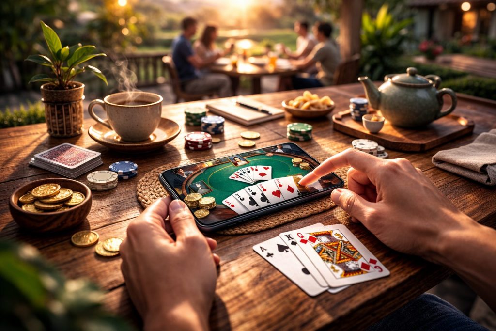 High-resolution landscape image of a smartphone held in one hand over a green card table, surrounded by playing cards, stacked chips and gold coins under warm cinematic lighting, with a softly blurred background creating a premium, professional photography look.