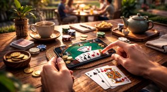 High-resolution landscape image of a smartphone held in one hand over a green card table, surrounded by playing cards, stacked chips and gold coins under warm cinematic lighting, with a softly blurred background creating a premium, professional photography look.