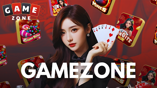Promotional GameZone banner featuring a woman holding playing cards against a red background with floating casino-style game icons and large GameZone branding.