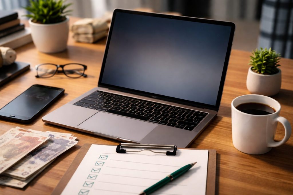 Laptop on a wooden desk with a smartphone, coffee mug, clipboard checklist, and pound notes, representing researching online casino safety and verification before gambling.