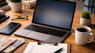 Laptop on a wooden desk with a smartphone, coffee mug, clipboard checklist, and pound notes, representing researching online casino safety and verification before gambling.