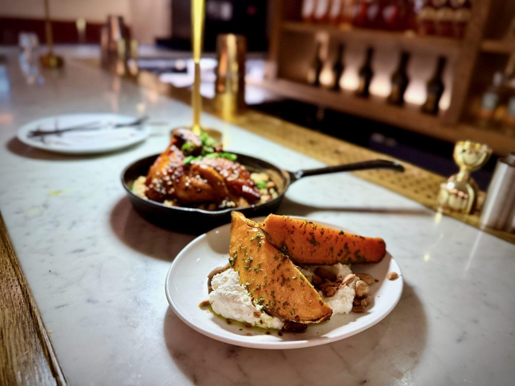 Roasted sweet potato with smoked goat’s curd, honey and almonds served at FOWL restaurant London