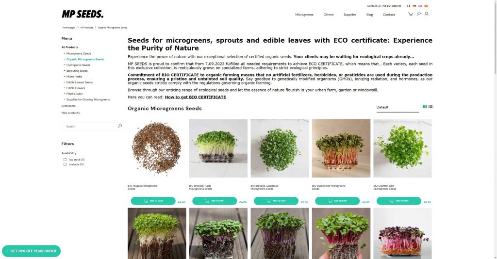 Screenshot of the MP Seeds website showing the Organic Microgreens Seeds category page with ECO certification information and a grid of microgreen seed products including arugula, broccoli, buckwheat and cilantro, each with images and add-to-cart buttons.