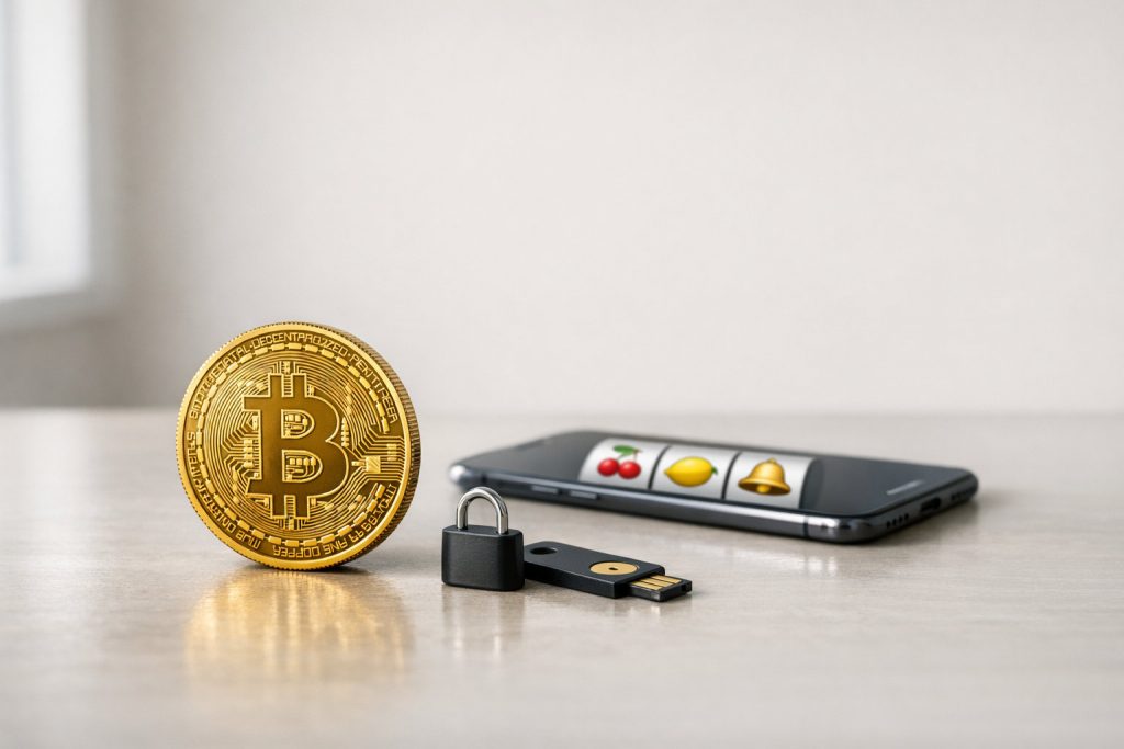 Bitcoin coin beside a padlock and security key, with a smartphone showing slot machine symbols in the background, representing secure bitcoin slot gaming.