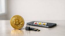 Bitcoin coin beside a padlock and security key, with a smartphone showing slot machine symbols in the background, representing secure bitcoin slot gaming.