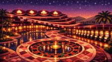 Illustrated luxury casino resort at night featuring a glowing outdoor roulette wheel courtyard, rows of illuminated slot machines, palm trees, and a star-filled sky in the background.