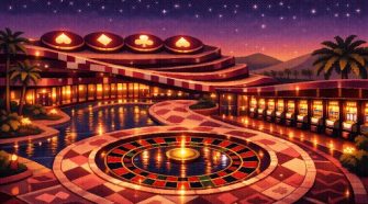 Illustrated luxury casino resort at night featuring a glowing outdoor roulette wheel courtyard, rows of illuminated slot machines, palm trees, and a star-filled sky in the background.