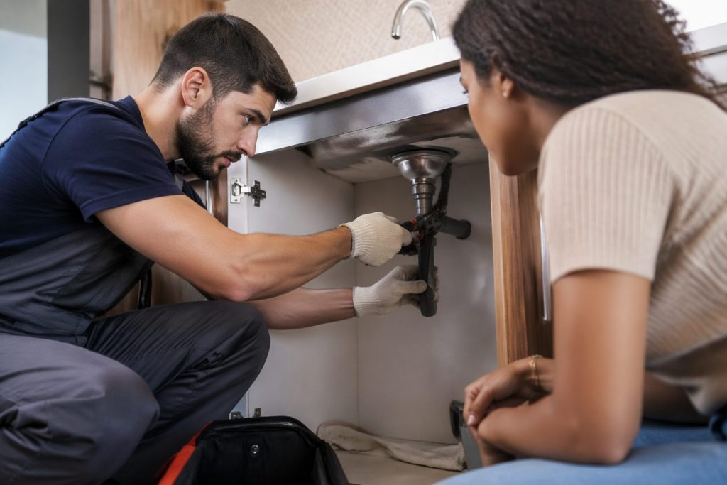 A plumber kneels beneath a modern kitchen sink using a wrench to repair pipework while a woman watches closely beside him in a bright, contemporary home.