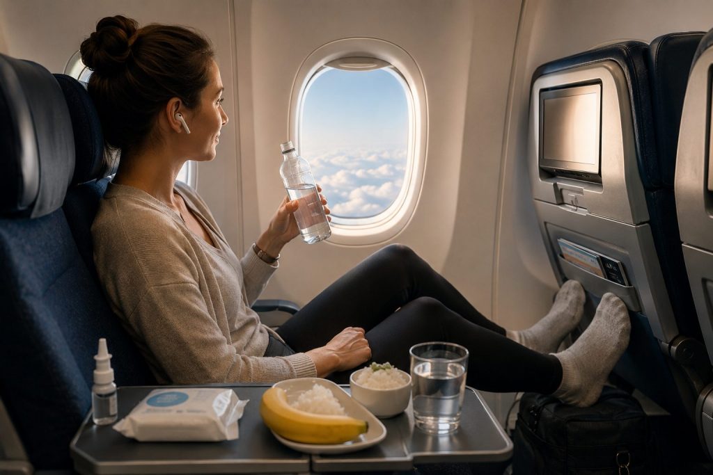 Woman sitting in an aeroplane window seat with water, banana, rice and nasal spray while following long-haul flight health tips.