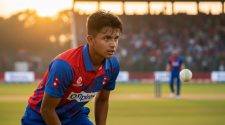 Young Nepal domestic cricket player in a red and blue kit bowling during a match, with the ball in motion and spectators in the background.