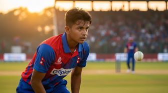 Young Nepal domestic cricket player in a red and blue kit bowling during a match, with the ball in motion and spectators in the background.