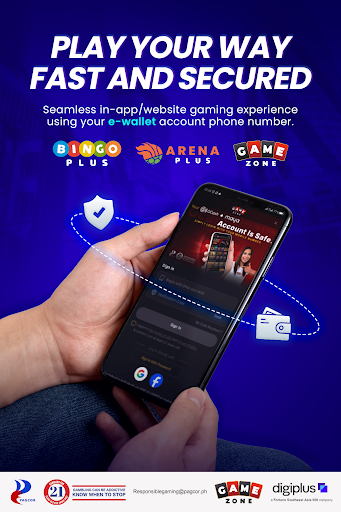 Person using a mobile phone to access a secure GameZone gaming account with Bingo Plus, Arena Plus and GameZone logos.