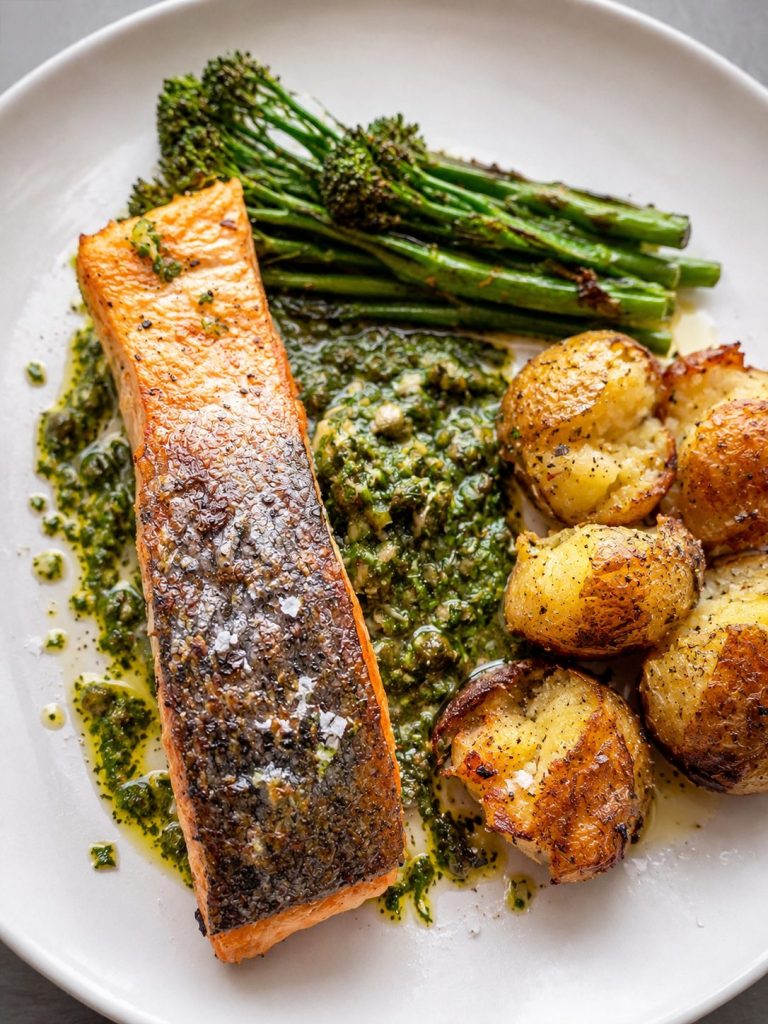 Seared salmon with salsa verde, roasted new potatoes and Tenderstem broccoli – a healthy high-protein salmon dinner recipe with crispy skin salmon and fresh herb sauce.