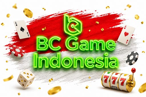 Neon BC Game Indonesia logo over the Indonesian flag with casino cards, chips, dice, coins and slot machine graphics.