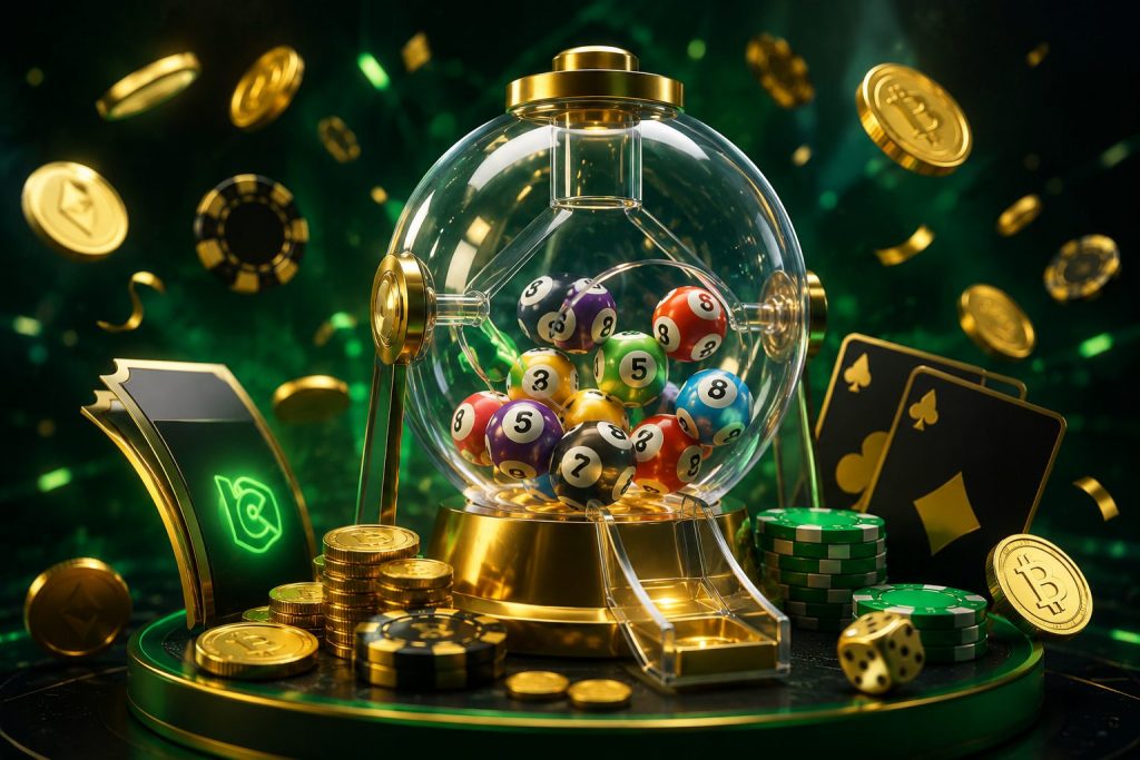 Crypto lottery machine filled with numbered balls, surrounded by casino chips, playing cards, gold coins and digital currency tokens in a dark green casino setting.