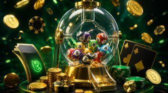 Crypto lottery machine filled with numbered balls, surrounded by casino chips, playing cards, gold coins and digital currency tokens in a dark green casino setting.