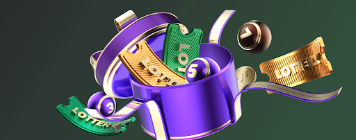 Purple lottery draw machine with numbered balls and lottery tickets representing a crypto casino lottery game.