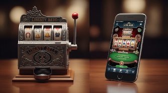 A vintage Liberty Bell-style slot machine beside a smartphone showing a modern online casino slot game, illustrating the evolution from classic reels to digital casino apps.