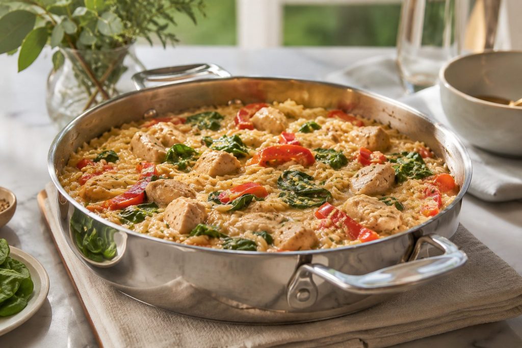 Creamy Cajun chicken orzo with spinach and red peppers served in a stainless steel pan.