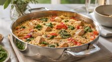 Creamy Cajun chicken orzo with spinach and red peppers served in a stainless steel pan.