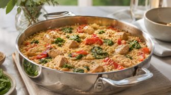 Creamy Cajun chicken orzo with spinach and red peppers served in a stainless steel pan.