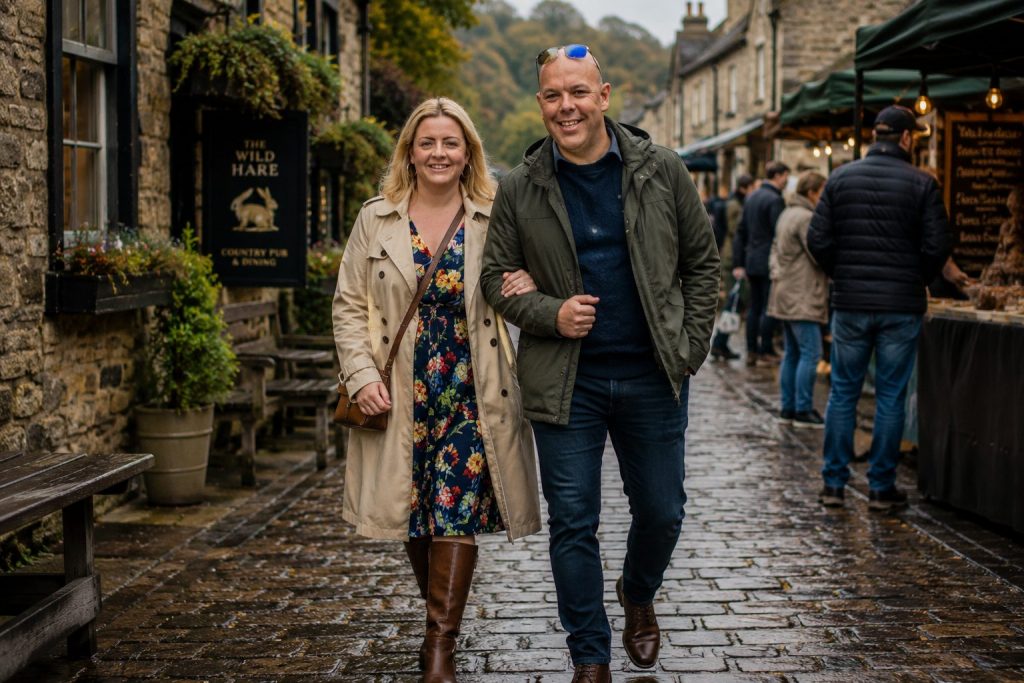 Stylish couple in smart-casual layered outfits walking along a damp cobbled street outside a countryside gastropub and outdoor food market.