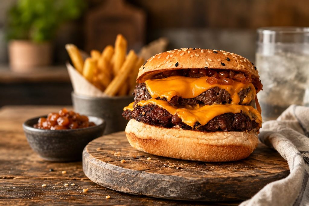 Double Weber smash burger with melted cheese, dirty onions, sesame bun and golden fries served on a rustic wooden board.