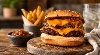 Double Weber smash burger with melted cheese, dirty onions, sesame bun and golden fries served on a rustic wooden board.