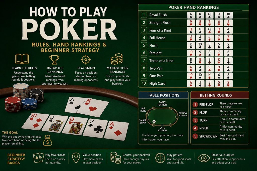 Infographic titled “How to Play Poker” showing poker hand rankings, table positions, betting rounds, beginner strategy tips, playing cards and poker chips on a green table.
