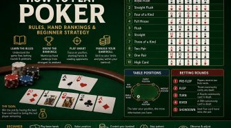 Infographic titled “How to Play Poker” showing poker hand rankings, table positions, betting rounds, beginner strategy tips, playing cards and poker chips on a green table.