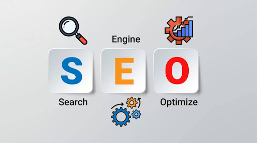 SEO concept graphic showing three blocks labelled S, E and O with search, engine and optimize icons representing search engine optimisation.