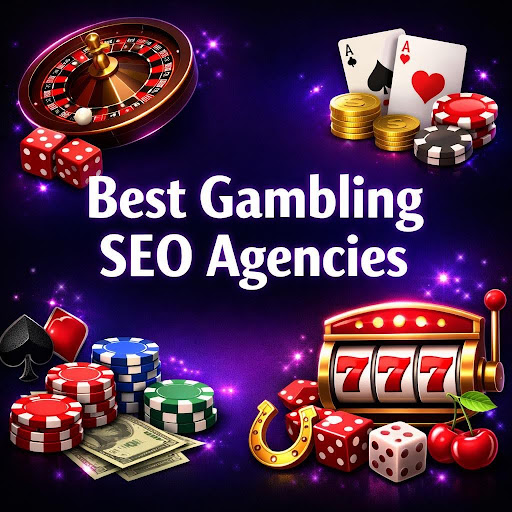 Colourful casino-themed graphic with roulette, dice, playing cards, poker chips and slot machine icons, featuring the text “Best Gambling SEO Agencies”.