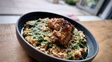 Roast chicken and wild mushroom risotto with Parmesan, lemon and green herb oil