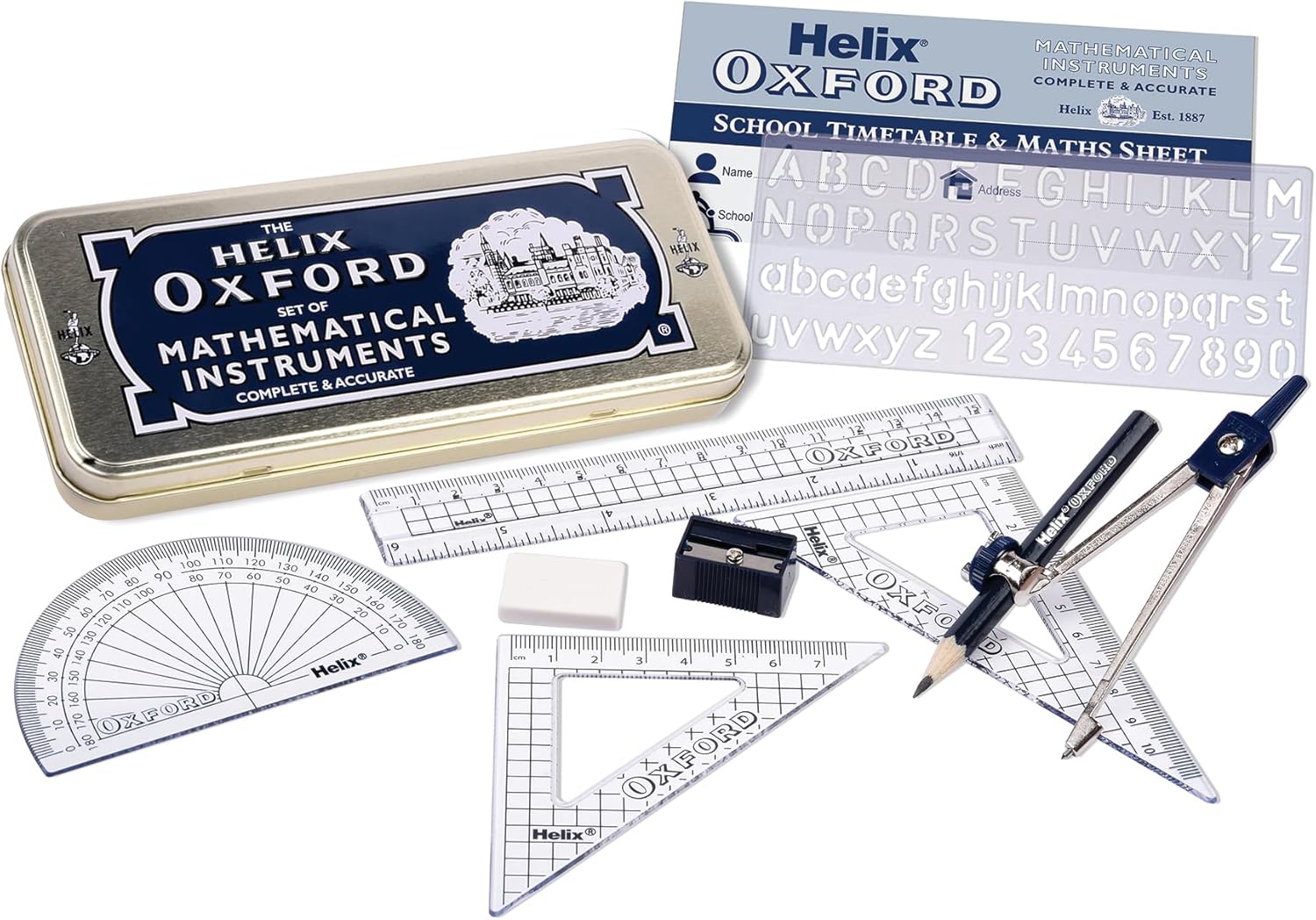 Helix Oxford school maths set with compass and protractor